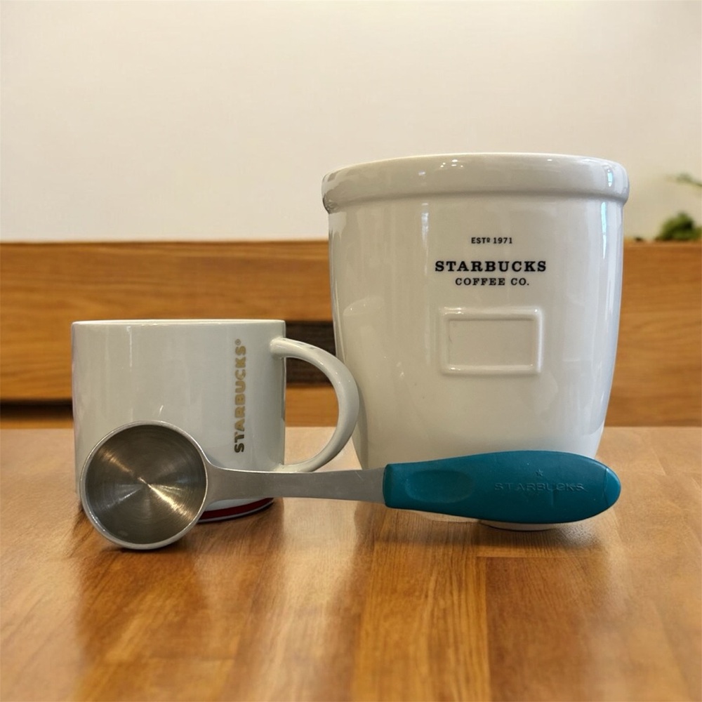Starbucks White Mug and Canister with Teal Scoop